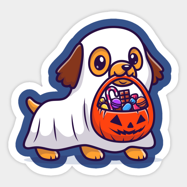 Cute Ghost Dog With Pumpkin Halloween Cartoon Sticker by Catalyst Labs